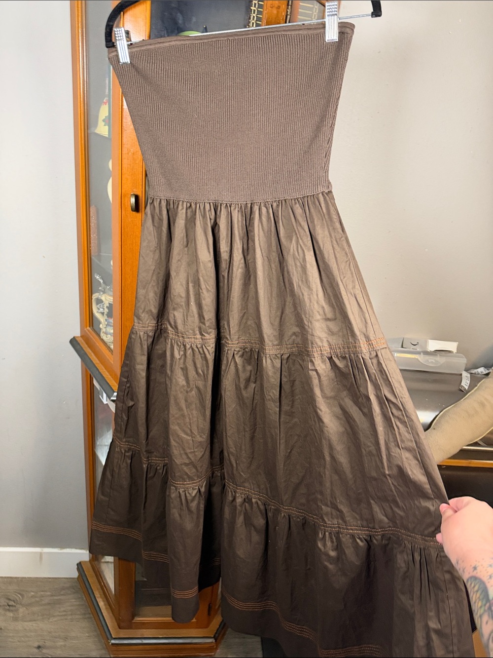 Moon River Chocolate Brown Strapless Tiered Maxi Dress